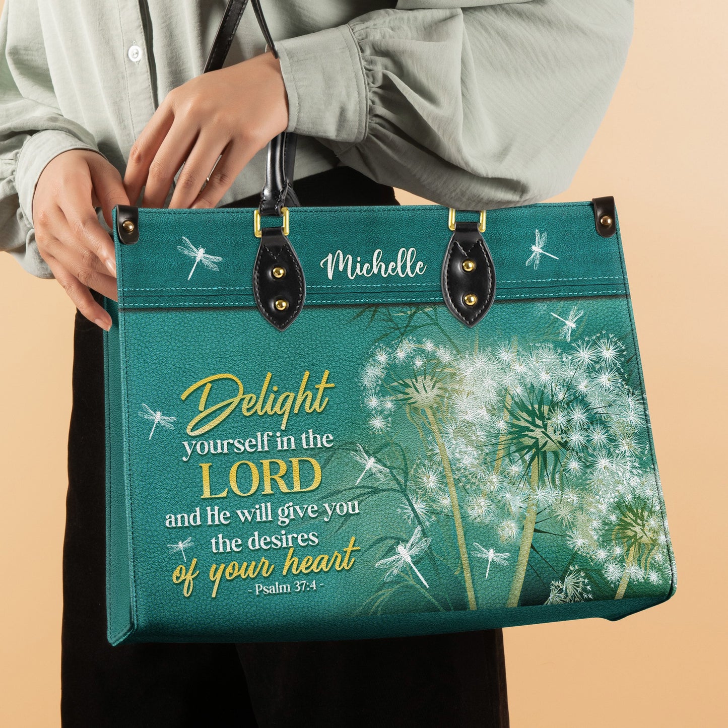 Delight Yourself In The Lord Psalm 37 4 Dandelion Dragonfly Leather Bag