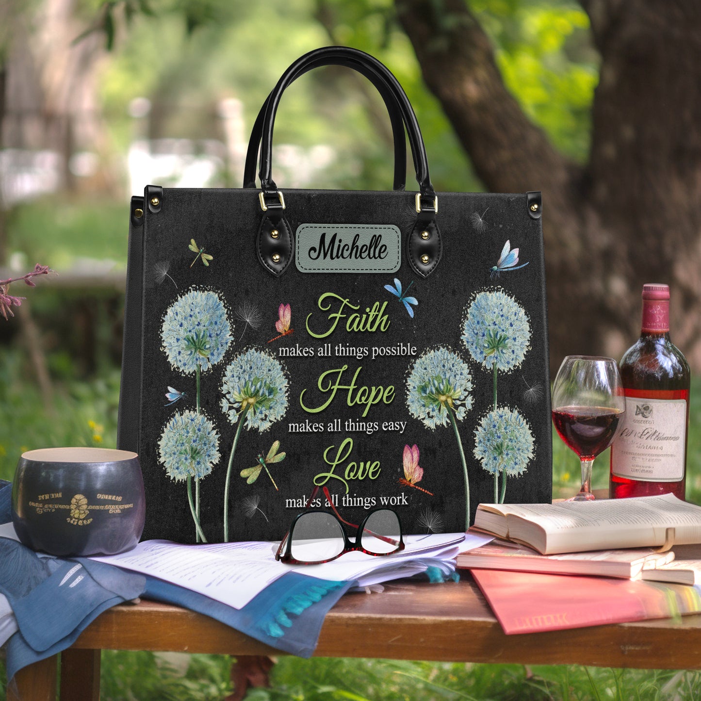 Faith Makes All Things Possible Dandelion Dragonfly Leather Bag