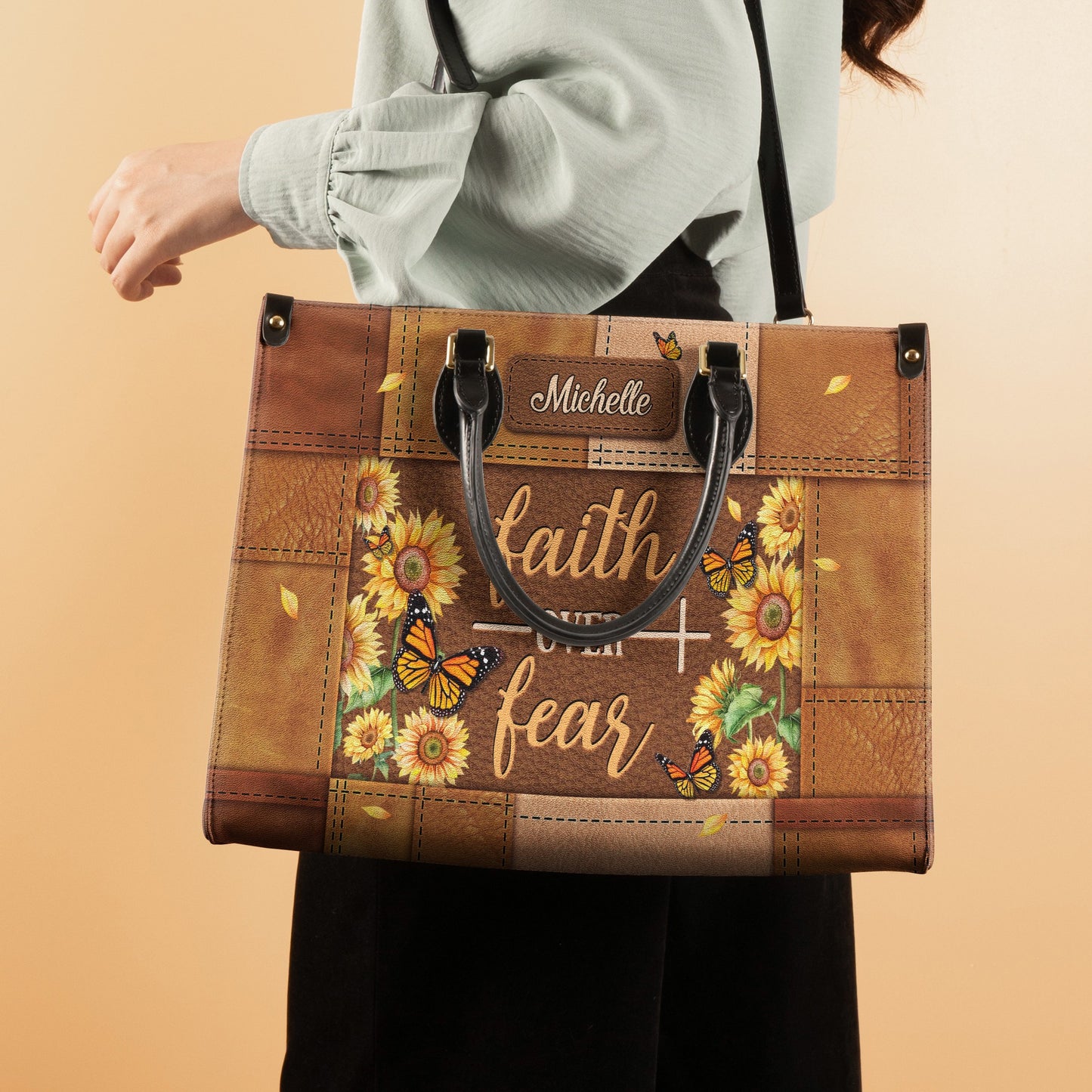 Faith Over Fear Butterfly Sunflower Leather Bag