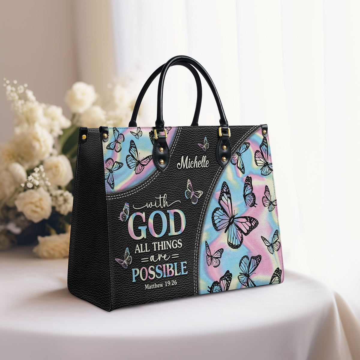 With God All Things Are Possible Matthew 19 26 Butterfly Hologram Leather Bag