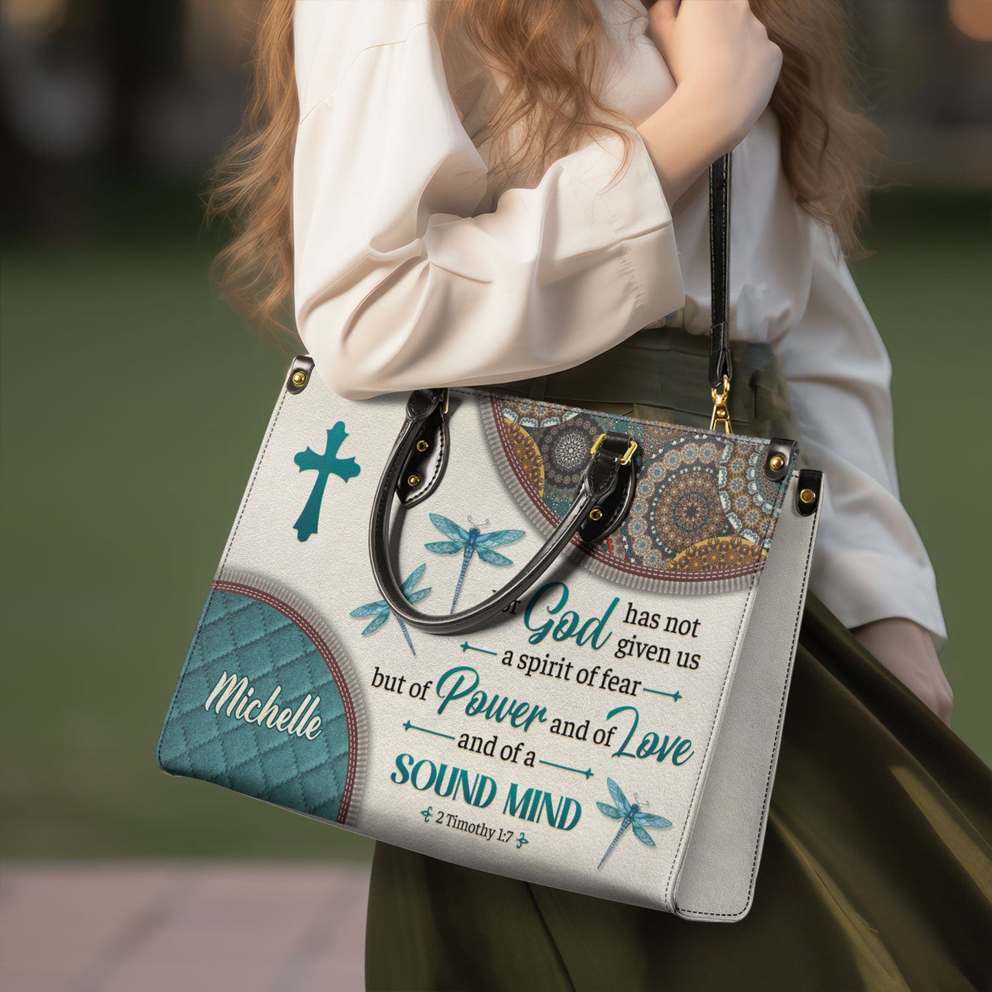 For God Has Not Given Us A Spirit Of Fear 2 Timothy 1 7 Dragonfly Mandala Leather Bag