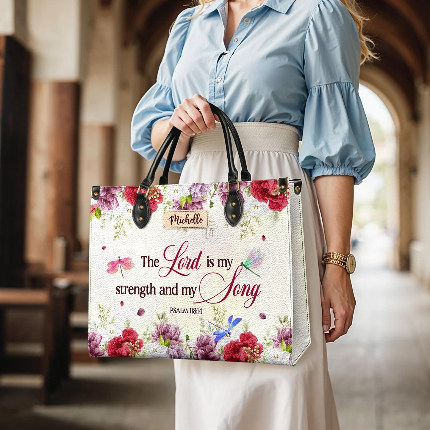 The Lord Is My Strength And My Song Psalm 118 14 Dragonfly Flower  Leather Bag