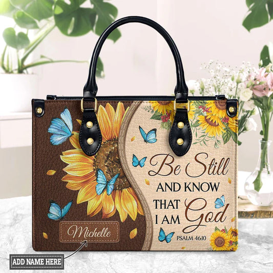 Be Still And Know That I Am God Psalm 46 10 Sunflower Butterfly  Leather Bag