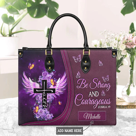 Be Strong And Courageous Joshua 1 9 Butterfly Purple Rose Leather Bag