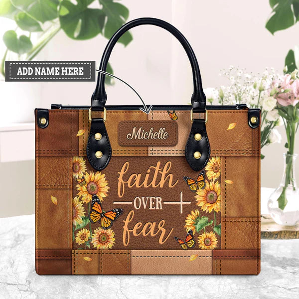 Faith Over Fear Butterfly Sunflower Leather Bag