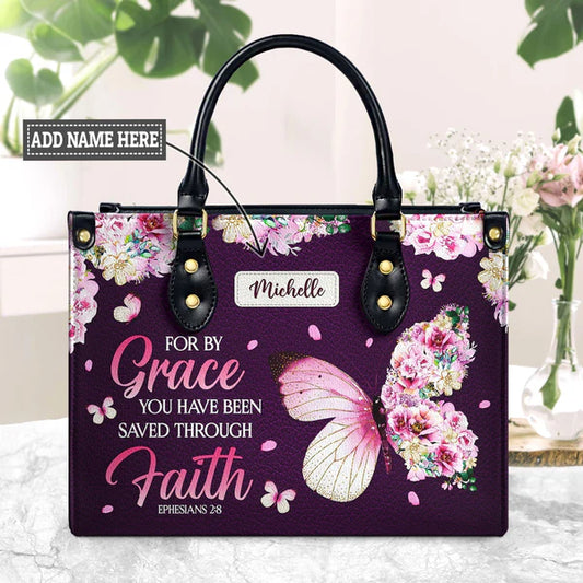 For By Grace You Have Been Saved Through Faith Ephesians 2 8 Butterfly Flower Leather Bag