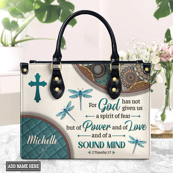 For God Has Not Given Us A Spirit Of Fear 2 Timothy 1 7 Dragonfly Mandala Leather Bag