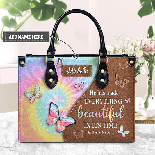 He Has Made Everything Beautiful In Its Time Ecclesiastes 3 11 Butterfly Tie Dye Leather Bag