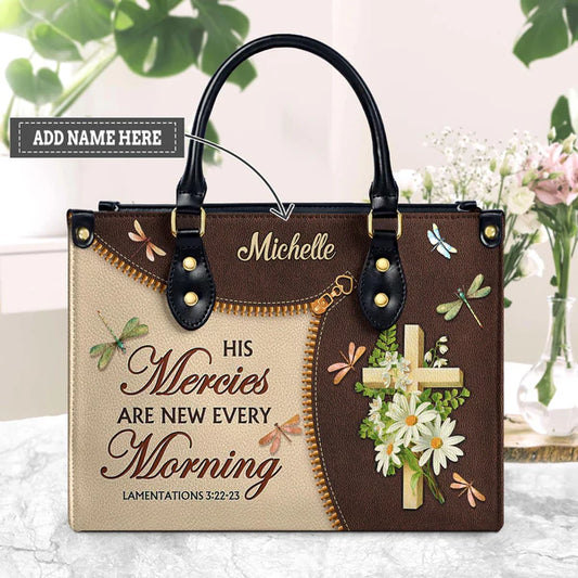 His Mercies Are New Every Morning Lamentations 3 22 23 Dragonfly Daisy Leather Bag