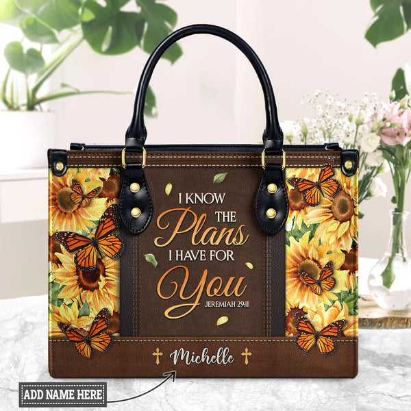 I Know The Plans I Have For You Jeremiah 29 11 Sunflower Butterfly Leather Bag