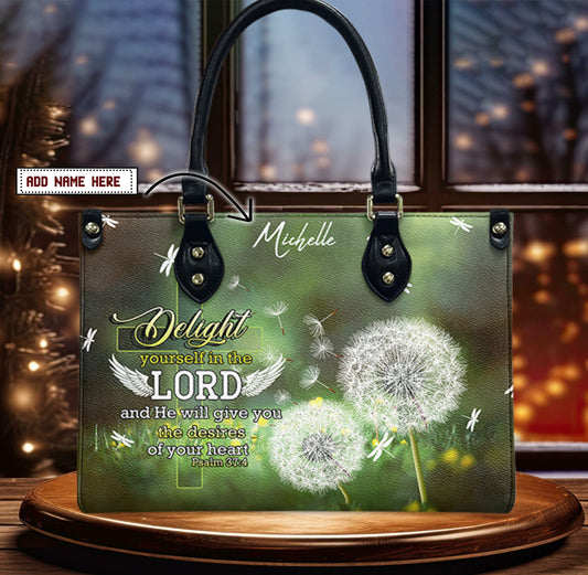 Delight Yourself In The Lord Psalm 37 4 Dandelion Dragonfly Leather HandBag