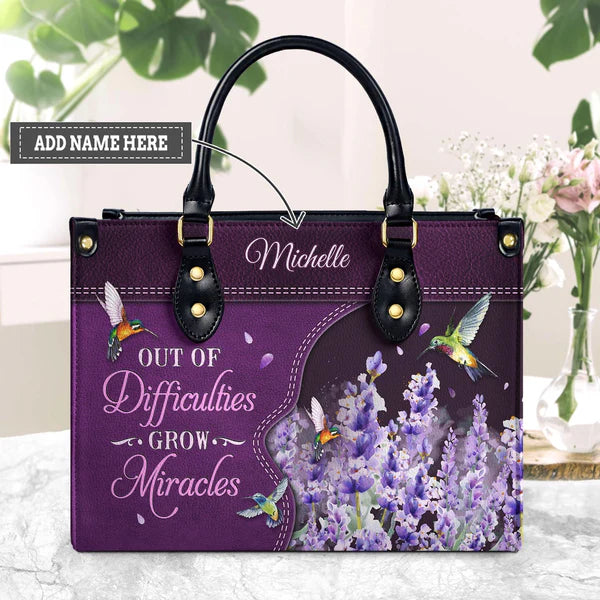 Out Of Difficulties Grow Miracles 1 Peter 5 10 Hummingbird Lavender Leather Bag