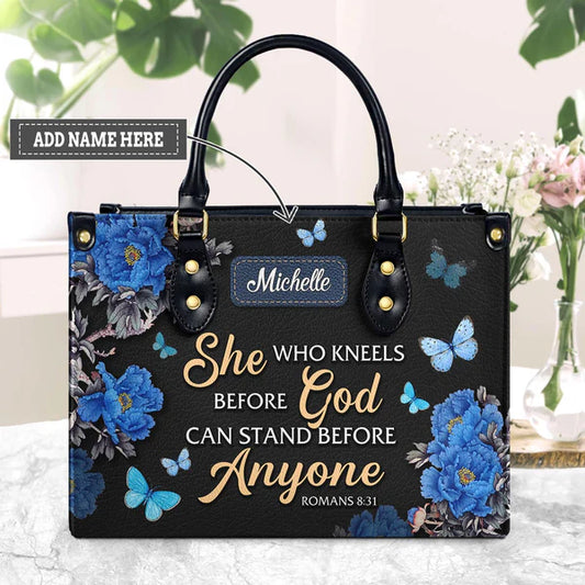 She Who Kneels Before God Romans 8 31 Leather Bag