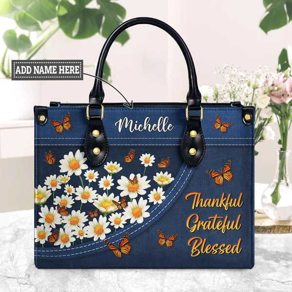 Thankful Grateful Blessed Daisy Butterfly Leather Bag