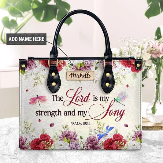 The Lord Is My Strength And My Song Psalm 118 14 Dragonfly Flower  Leather Bag