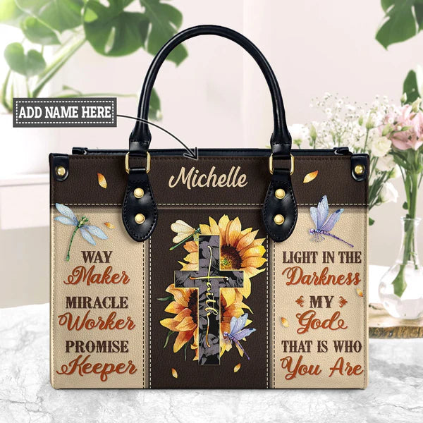 Way Maker Miracle Worker Sunflower Dragonfly Leather Bag