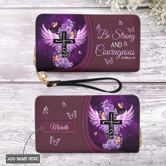 Be Strong And Courageous Joshua 1 9 Butterfly Purple Rose Zip Around Leather Wallet