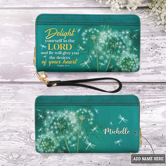 Delight Yourself In The Lord Psalm 37 4 Dandelion Dragonfly Zip Around Leather Wallet