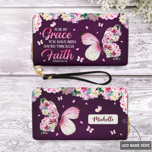 For By Grace You Have Been Saved Through Faith Ephesians 2 8 Butterfly Flower Zip Around Leather Wallet