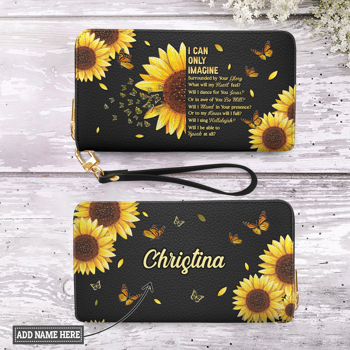 I Can Only Imagine Sunflower Butterfly Zip Around Leather Wallet