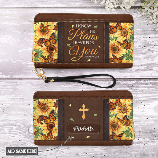 I Know The Plans I Have For You Jeremiah 29 11 Sunflower Butterfly Zip Around Leather Wallet