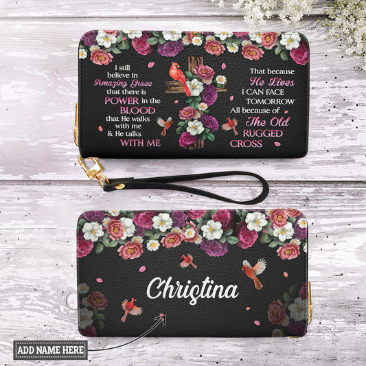 I Still Believe In Amazing Grace Flower Cardinal Zip Around Leather Wallet