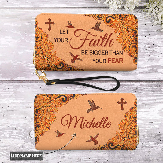 Let Your Faith Be Bigger Than Your Fear Hummingbird Flower Carving Style Zip Around Leather Wallet