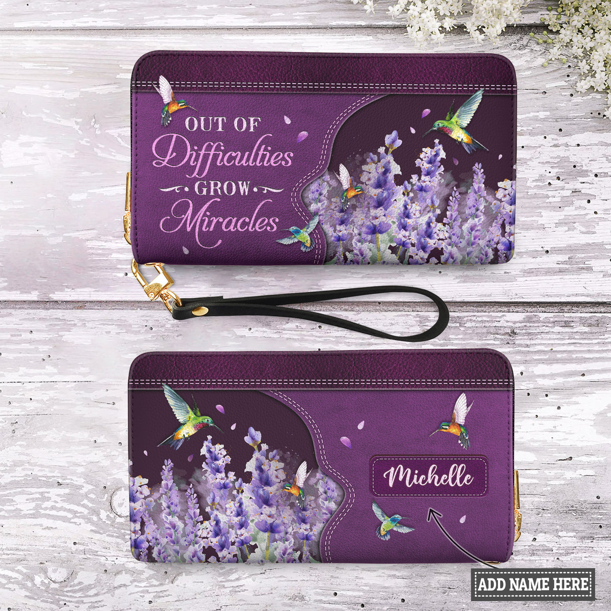 Out Of Difficulties Grow Miracles 1 Peter 5 10 Hummingbird Lavender Zip Around Leather Wallet