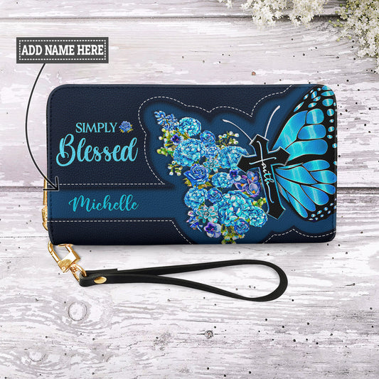 Simply Blessed Blue Butterfly Flower Zip Around Leather Wallet