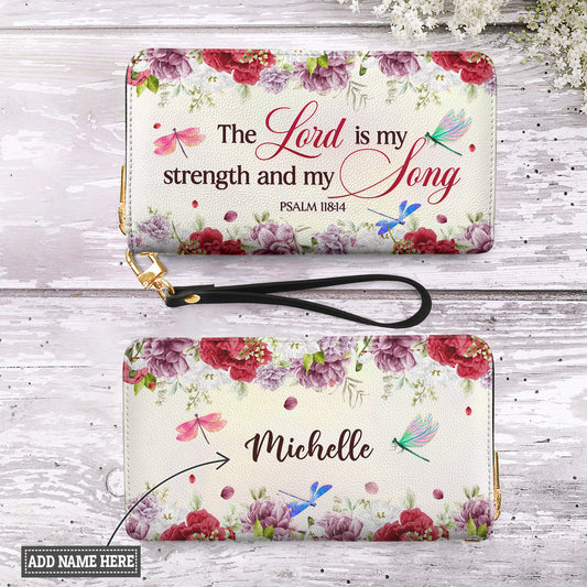 The Lord Is My Strength And My Song Psalm 118 14 Dragonfly Flower Zip Around Leather Wallet